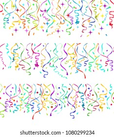 Horizontal serpentine. Vector confetti and serpentine hanging ribbons seamless horizontal border patterns for birthday party on white