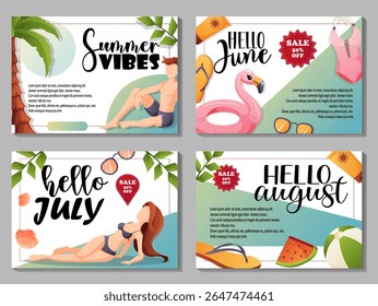 Horizontal set of 4 vector banners themed around Summer Vibes, Hello June, Hello July, and Hello August. Features characters, discounts, and beach visuals.
