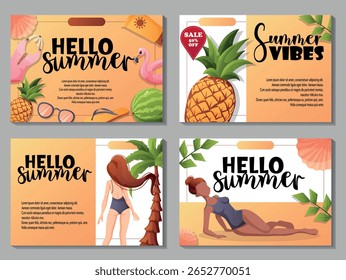 Conjunto horizontal de 4 banners vetoriais Hello Summer e Summer Vibes com meninas, abacaxi, melancia, flamingo e itens de praia. Ideal para promoções e mídias sociais.
