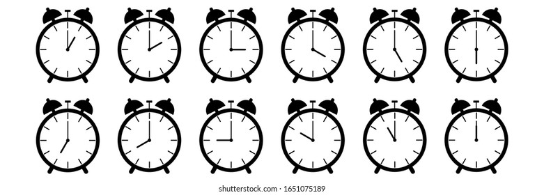 horizontal set of analog alarm clock icon notifying each hour isolated on white,vector illustration.