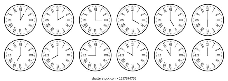 horizontal set of analog clock icon with roman numeral notifying each hour isolated on white,vector illustration.