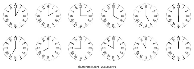 horizontal set of analog clock icon with roman numeral notifying each hour isolated on white.