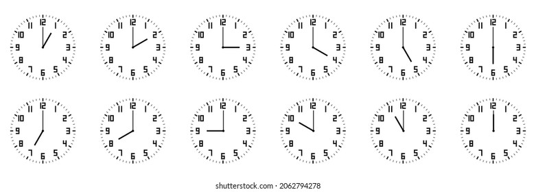 horizontal set of analog clock icon with number notifying each hour isolated on white
