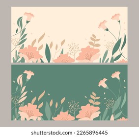 Horizontal set banner with floral background decorated with gorgeous gold and green blooming flowers and border leaves. Vector illustration flat botanical spring background.