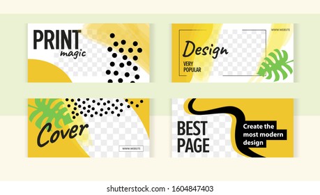 Horizontal set banner templates with frame for images. Orange modern style with green monstera leaves. 