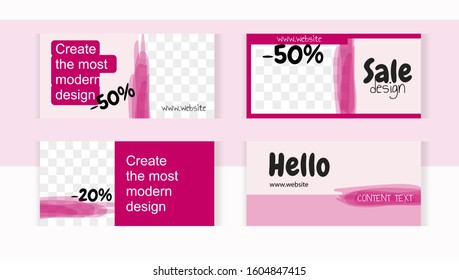 Horizontal set banner templates with frame for images. Happy modern style with soft pink paint spots and dark pink elements. 