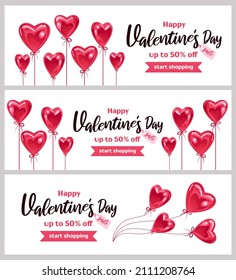 Horizontal set banner for Valentines Day. Flying sparkling realistic heart-shaped balloons, bows, ribbons. On white background. For advertising banner, website, advertising flyer.