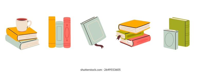 Horizontal set with books, mugs, bookmarks and multicolored book covers