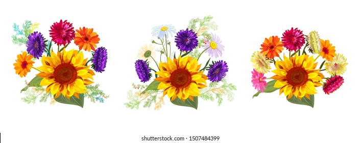 Horizontal set bouquets autumn flowers: sunflowers, gerbera, daisy flowers, asters, twigs Asparagus, white background. Digital draw, illustration in watercolor style for design, panoramic view, vector