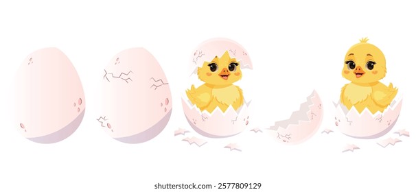 Horizontal set of cute cartoon baby chicken hatching from the egg. Vector newborn little chick character. Easter chicken with cracked shell egg. Baby chick mascot