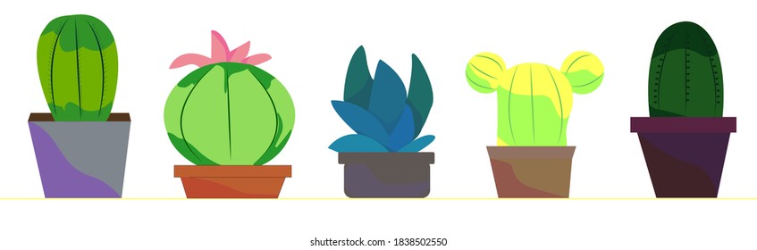 Conjunto horizontal de carteles desérticos, cactus en ollas. Plano, estilo de dibujos animados. Ilustración vectorial en un fondo blanco. En formato EPS 10