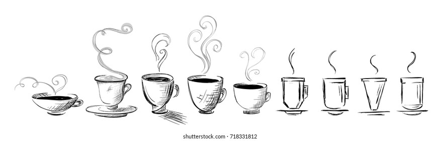 Horizontal set of doodle coffee cups. Hand-drawn. Isolated on white.