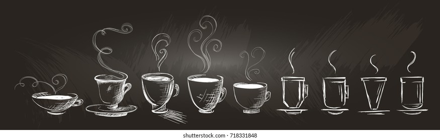 Horizontal set of hand-drawn coffee cups. Stylized sketch coffee on a chalkboard. Isolated.