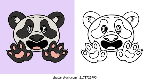 Horizontal set of illustrations for coloring books, panda admires, cute fluffy pandas in cartoon style, vector illustration