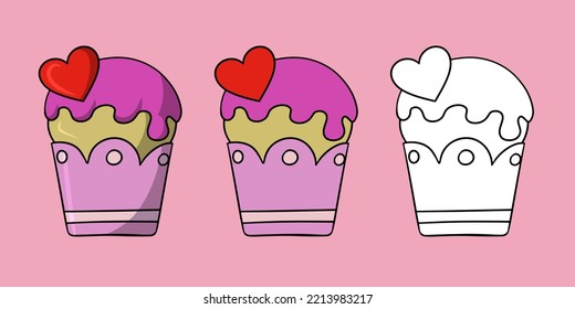 Horizontal set of illustrations, cupcake with pink fruit icing and a heart, vector in cartoon style on a colored background