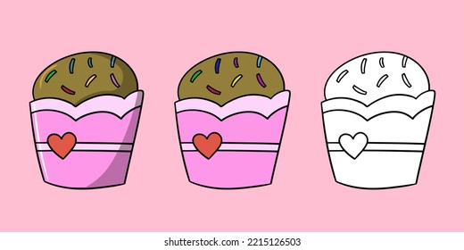 Horizontal set of images, delicious cupcake with sugar crumbs and a heart in a paper cup, vector illustration in cartoon style on a colored background