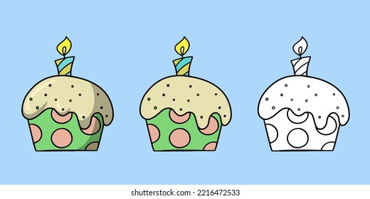 A horizontal set of images, a festive muffin with a candle. Delicious cupcake with colorful sugar crumbs, vector illustration in cartoon style