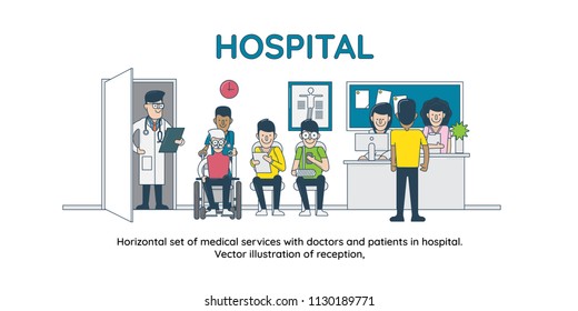 Horizontal set of medical services with doctors and patients in hospital. Vector illustration of reception,
