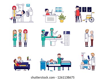 Horizontal set of medical services with doctors and patients. Vector illustration of a dentist reception, online consultation, traumatology, a set of doctors, operating. Vector illustration.