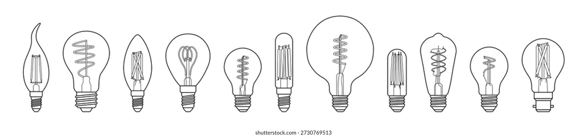 A horizontal set of minimalist line-art light bulbs, each with a different filament design, drawn in black outline on a clean white background. Inside each bulb, the filament structures differ noticeably. Some feature spiral filaments coiled vertically, while others display straight rod filaments arranged in parallel or crossed geometric patterns. A few bulbs include compact, tightly wound coils, while others show elongated filaments that emphasize height and symmetry. The bases of the bulbs also vary slightly, reflecting common screw and socket styles used in traditional and modern lighting.