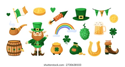 Conjunto Horizontal de Elementos del Día de San Patricio. Tarjeta de felicitación de Festiva sobre fondo blanco. Ilustración vectorial dibujada a mano.