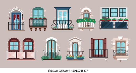 Conjunto horizontal de balcones individuales y dobles de la arquitectura clásica de ilustración vectorial plana