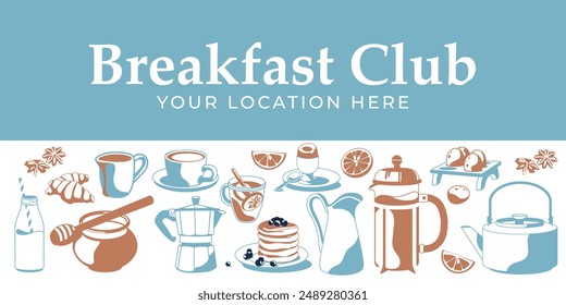 Horizontal set of traditional breakfast. Blue and brown colors. Vector flat illustration. Cafe and restaurant menu.