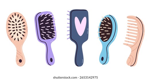 Horizontal set of wooden hairbrushes and combs for daily haircare and detangling