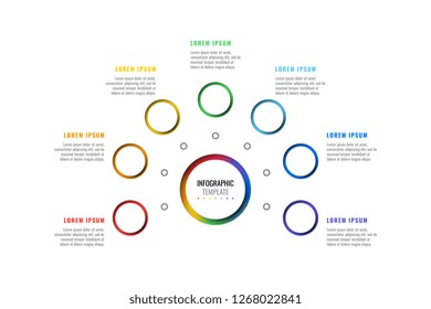 horizontal seven steps design layout infographic template with round 3d realistic elements. process diagram for brochure, banner, annual report