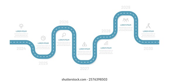 Horizontal seven-step infographic in the form of a timeline map. Achieving the goal. A template for a presentation, website page, or report