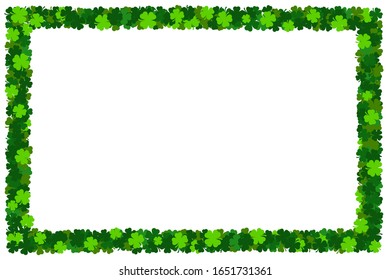 Horizontal Shamrock St Patricks frame. Blank holiday irish clover border postcard. Emerald green clover leaves on white. Banner with traditional irish plants. Party invitation, gritting card template