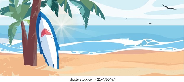 Horizontal shot. Surfboard and palm tree on beach with beach sign for surfing area. Travel adventure and water sport. relaxation and summer vacation concept. vintage color tone illustration