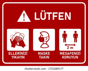 Horizontal Signboard with Basic Set of Measures against the Spread of Coronavirus in Turkish including Please Wash Your Hands, Wear a Face Mask, Keep Your Distance 2 m or 2 Metres. Vector Image.