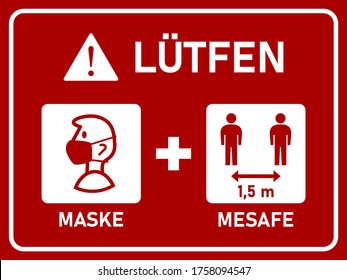 Horizontal Signboard with Basic Set of Measures against the Spread of Coronavirus in Turkish including Please Wear a Face Mask and Keep Your Distance 1,5 m or 1,5 Metres. Vector Image.