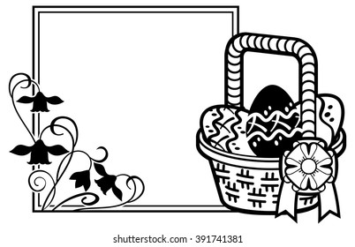 Horizontal silhouette frame with outline image of Easter basket