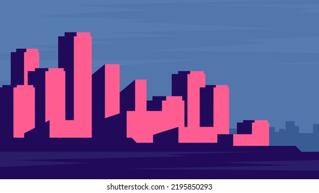 Silueta horizontal de una ciudad moderna. Ilustración vectorial de la vida urbana. El sol rosa de la puesta de sol refleja en los edificios.