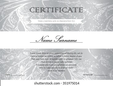 Horizontal silver certificate and diploma template with vintage, floral, filigree and cute pattern for winner for achievement. Blank of award coupon. Vector