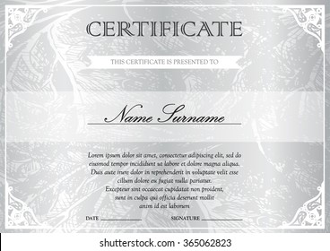 Horizontal silver white certificate and diploma template with vintage, floral, filigree and cute pattern for winner for achievement. Blank of award coupon. Vector