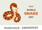Horizontal simple banner for World Snake Day at 16th of July with cartoon rattlesnake, typography. Holiday concept for website, poster, background, card to raise awareness about importance of snakes.