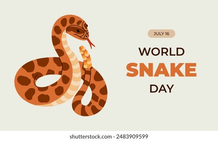 Horizontal simple banner for World Snake Day at 16th of July with cartoon rattlesnake, typography. Holiday concept for website, poster, background, card to raise awareness about importance of snakes.