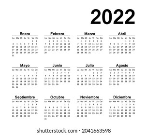 Horizontal simple black wall calendar on 2022 year, into spanish. Week starts from Monday. Vector template calendar for business on white background.