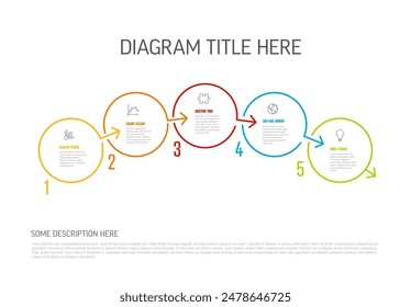 Horizontal Plantilla de esquema de infografía de cinco pasos simple hecha de círculos de marco delgado con íconos y textos de muestra y números grandes en el lateral