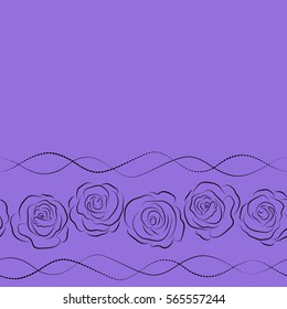 Horizontal sketch with dashed effect. Seamless pattern with vector black and violet rose flowers and copy space (place for your text).