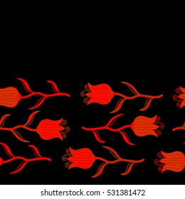 Horizontal sketch. Orange and red vector tulips petals on a black background.