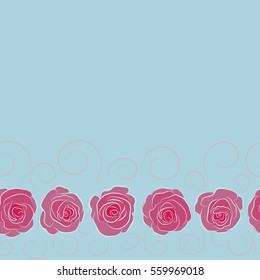 Horizontal sketch with watercolor effect. Seamless pattern with vector neutral and magenta rose flowers and copy space (place for your text).