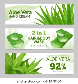 Horizontal sliced and whole aloe vera leaves banners presenting natural hand cream hair and body wash and emulsion 