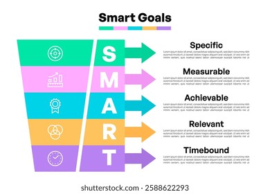 Horizontal SMART Goals Infographic with Arrow Segments and Icons Vector Illustration