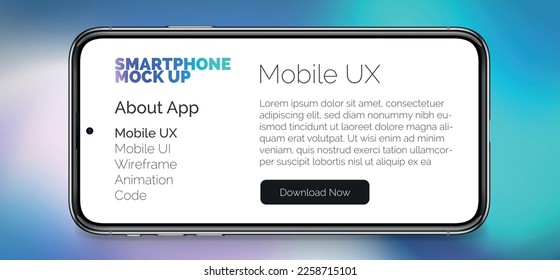 Horizontal smart phone mock up for infographics or UI design interface on blue abstract background. Vector 3d smartphone frame with web presentation interface screen mockup