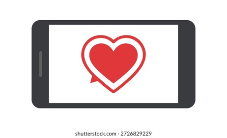 Horizontal smartphone screen displaying red heart speech bubble icon vector illustration isolated
