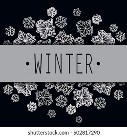 Horizontal snowfall border frame. Polygonal trendy style snowflakes on black white background. Winter holidays Vector l illustration stock vector